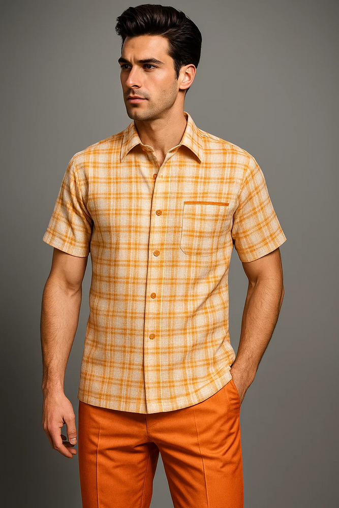 Men's Textured Plaid Walking Suit in orange/cream by Dreams by Zacchi – 2 Piece Leisure Outfit with Matching Shirt and Pants - $99