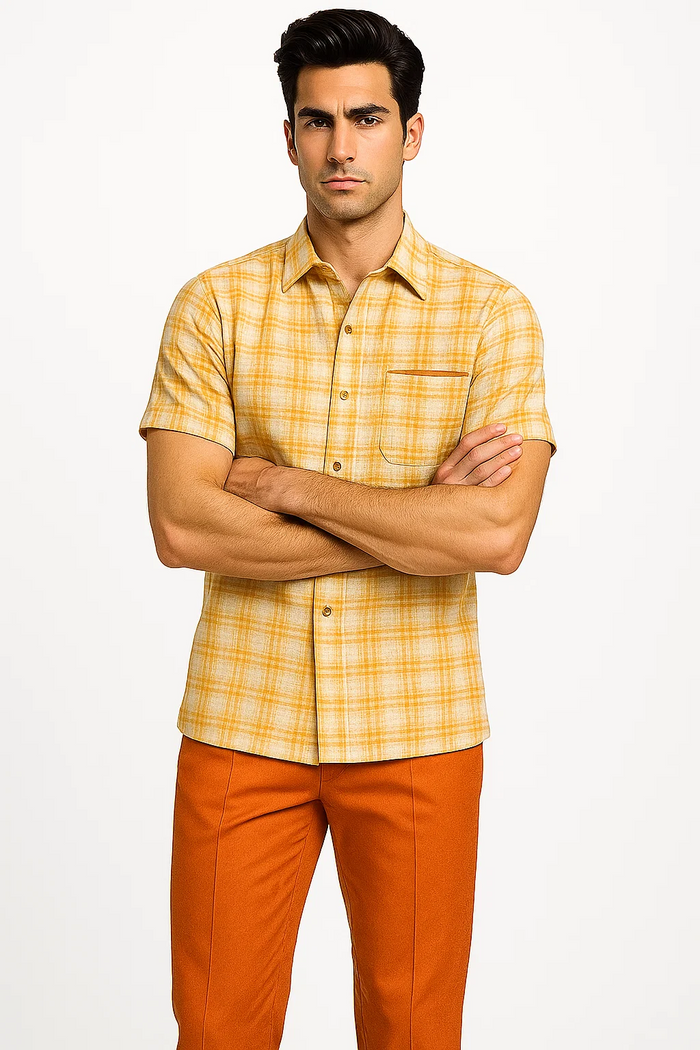 Men's Textured Plaid Walking Suit in orange/cream by Dreams by Zacchi – 2 Piece Leisure Outfit with Matching Shirt and Pants - $99