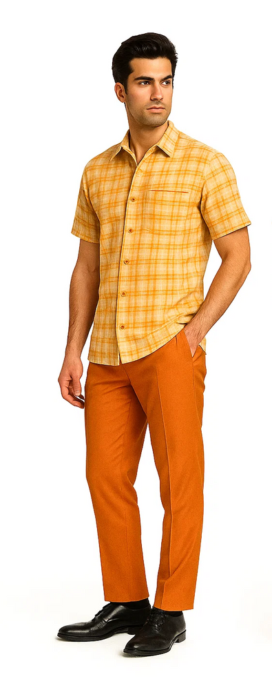 Men's Textured Plaid Walking Suit in orange/cream by Dreams by Zacchi – 2 Piece Leisure Outfit with Matching Shirt and Pants - $99