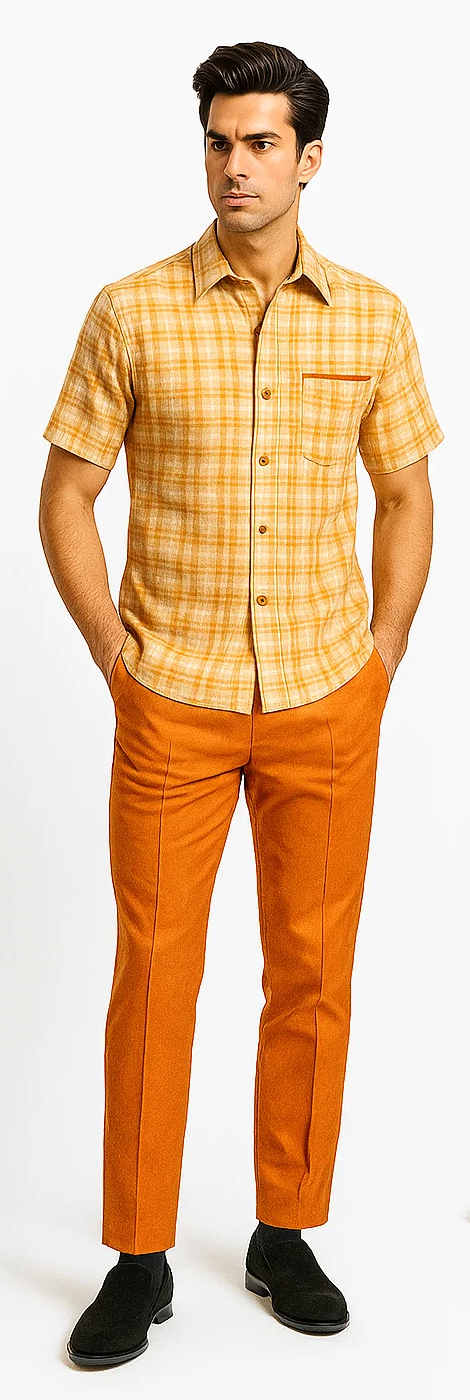Men's Textured Plaid Walking Suit in orange/cream by Dreams by Zacchi – 2 Piece Leisure Outfit with Matching Shirt and Pants - $99
