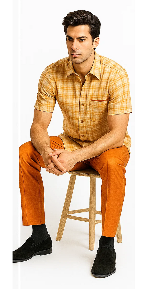 Men's Textured Plaid Walking Suit in orange/cream by Dreams by Zacchi – 2 Piece Leisure Outfit with Matching Shirt and Pants - $99