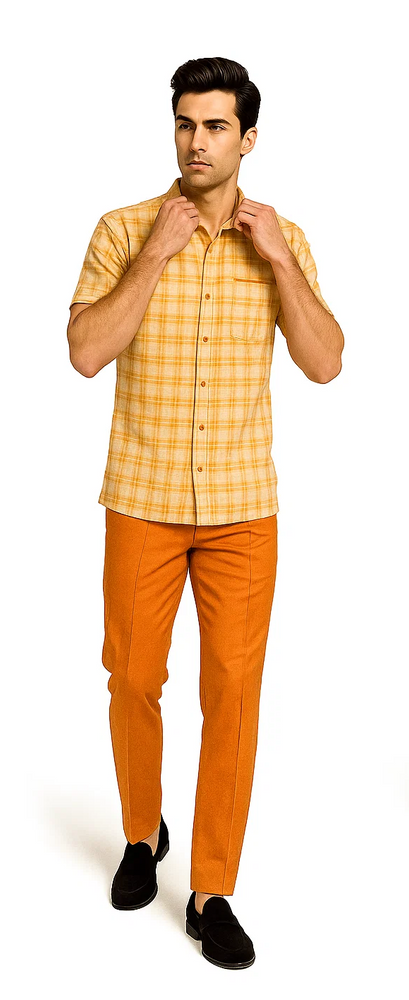 Men's Textured Plaid Walking Suit in orange/cream by Dreams by Zacchi – 2 Piece Leisure Outfit with Matching Shirt and Pants - $99