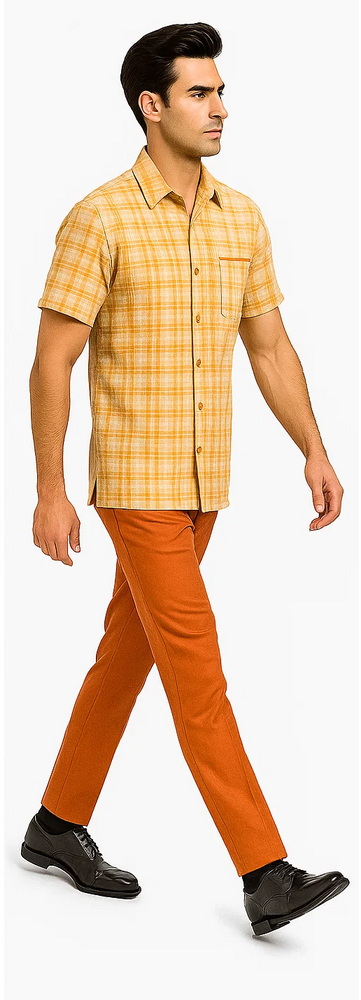 Men's Textured Plaid Walking Suit in orange/cream by Dreams by Zacchi – 2 Piece Leisure Outfit with Matching Shirt and Pants - $99