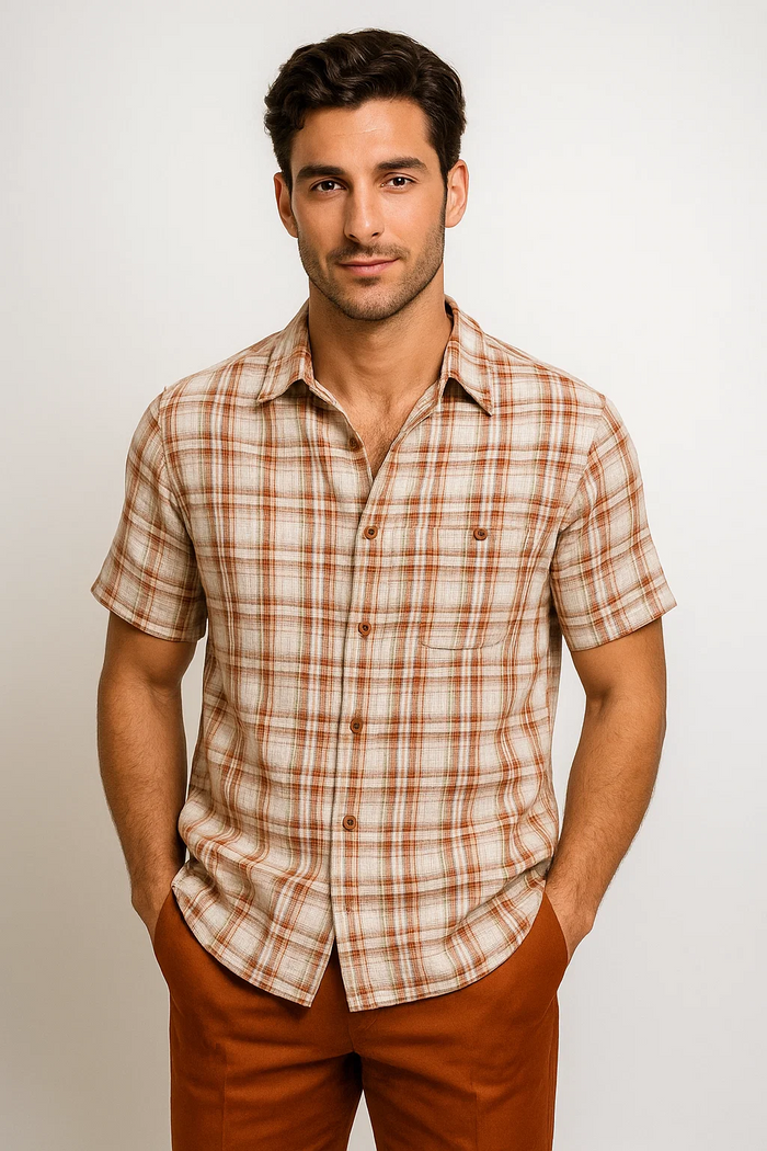 Men's Textured Plaid Walking Suit in papaya/cream by Dreams by Zacchi – 2 Piece Leisure Outfit with Matching Shirt and Pants - $99