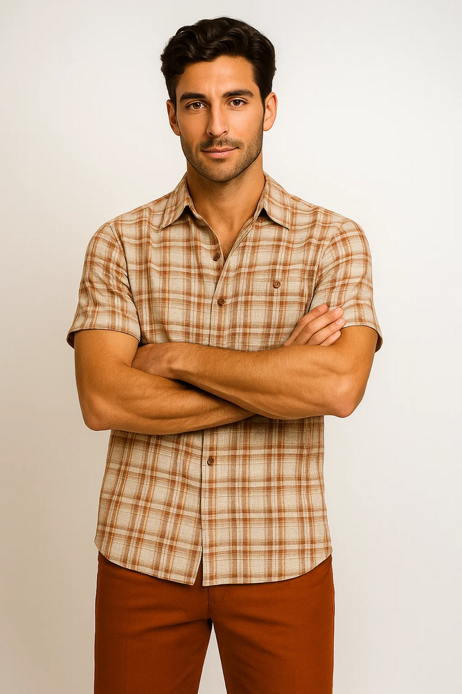 Men's Textured Plaid Walking Suit in papaya/cream by Dreams by Zacchi – 2 Piece Leisure Outfit with Matching Shirt and Pants - $99