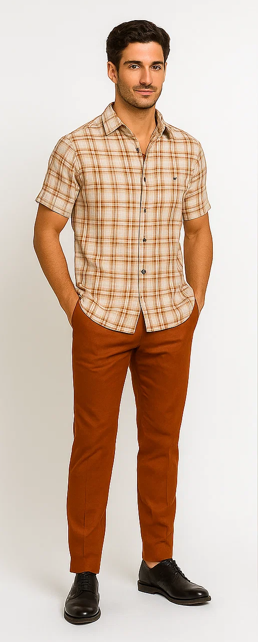 Men's Textured Plaid Walking Suit in papaya/cream by Dreams by Zacchi – 2 Piece Leisure Outfit with Matching Shirt and Pants - $99