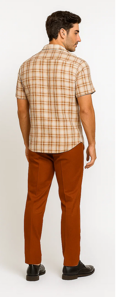 Men's Textured Plaid Walking Suit in papaya/cream by Dreams by Zacchi – 2 Piece Leisure Outfit with Matching Shirt and Pants - $99
