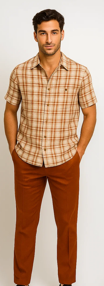Men's Textured Plaid Walking Suit in papaya/cream by Dreams by Zacchi – 2 Piece Leisure Outfit with Matching Shirt and Pants - $99
