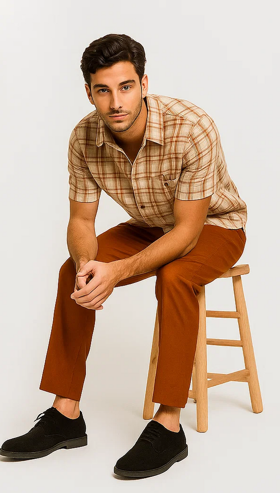 Men's Textured Plaid Walking Suit in papaya/cream by Dreams by Zacchi – 2 Piece Leisure Outfit with Matching Shirt and Pants - $99