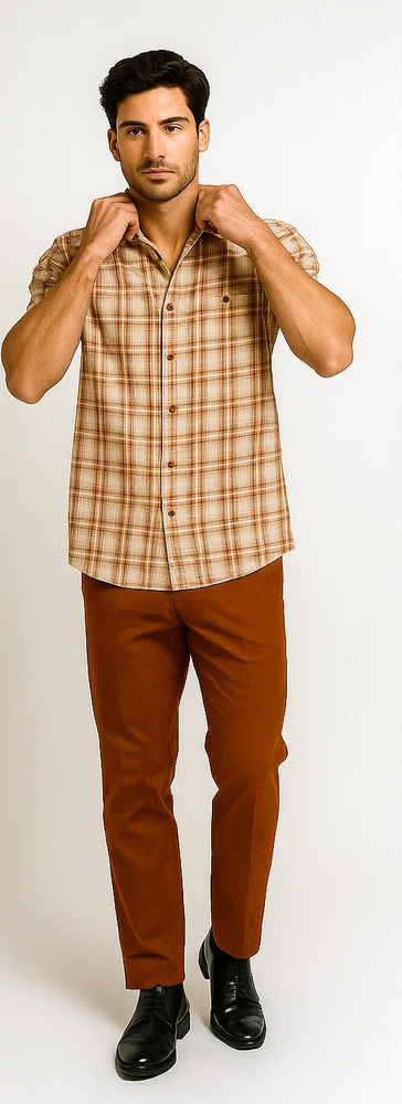 Men's Textured Plaid Walking Suit in papaya/cream by Dreams by Zacchi – 2 Piece Leisure Outfit with Matching Shirt and Pants - $99