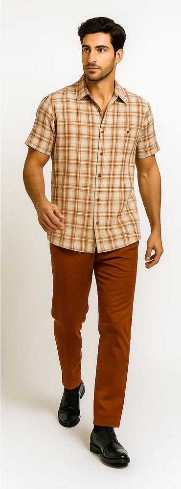 Men's Textured Plaid Walking Suit in papaya/cream by Dreams by Zacchi – 2 Piece Leisure Outfit with Matching Shirt and Pants - $99