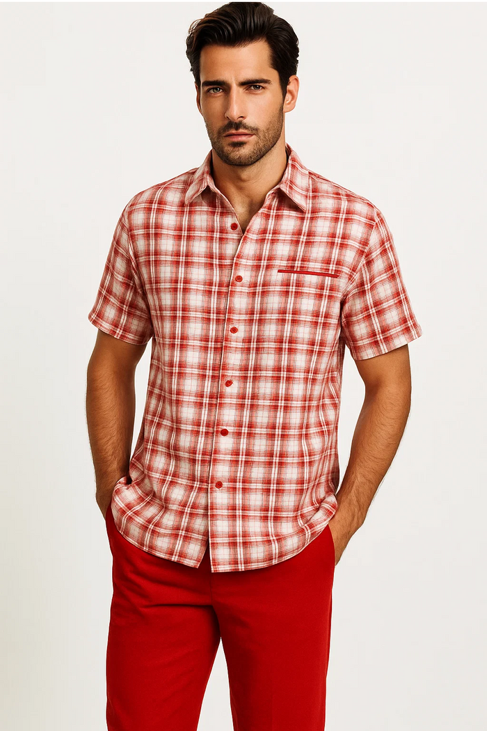 Mens Textured Plaid Walking Suit in red/off white by Dreams by Zacchi – 2 Piece Leisure Outfit with Matching Shirt and Pants -$99