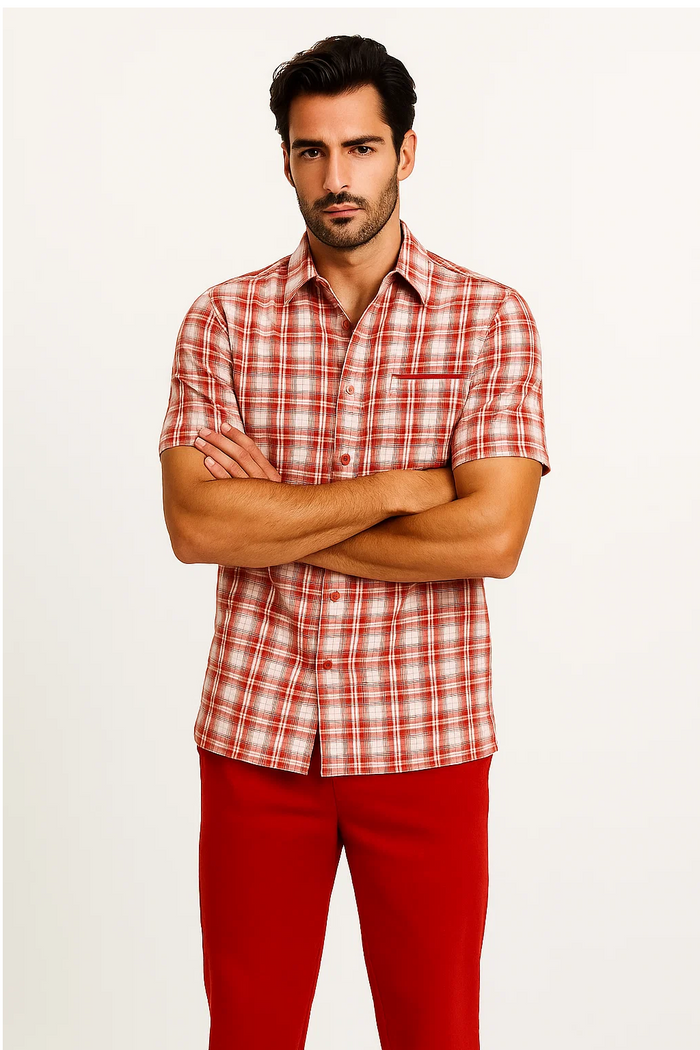 Mens Textured Plaid Walking Suit in red/off white by Dreams by Zacchi – 2 Piece Leisure Outfit with Matching Shirt and Pants -$99