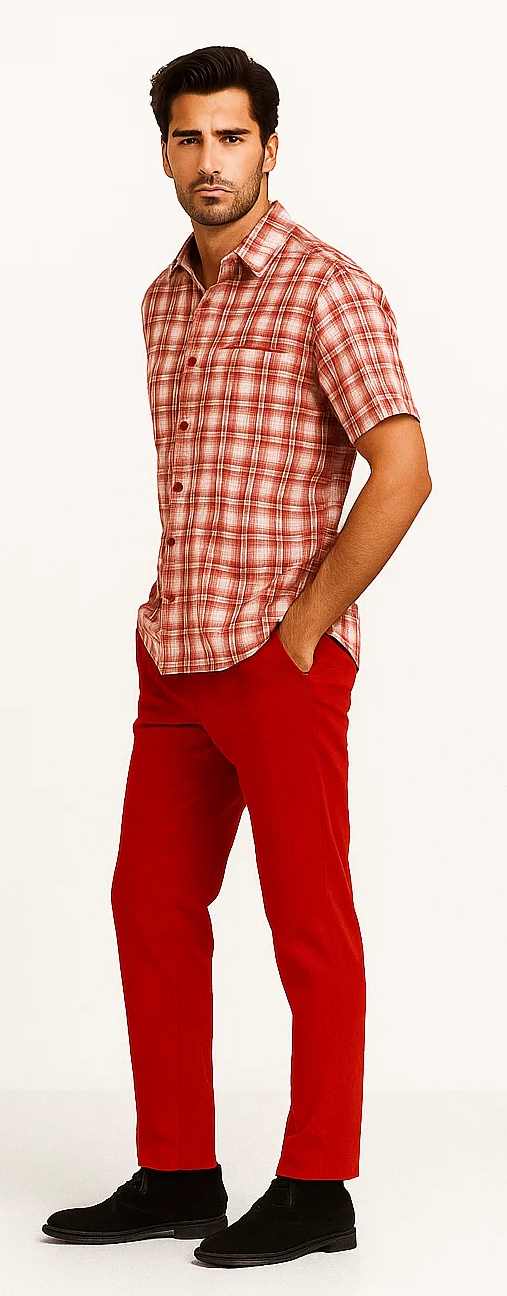 Mens Textured Plaid Walking Suit in red/off white by Dreams by Zacchi – 2 Piece Leisure Outfit with Matching Shirt and Pants -$99