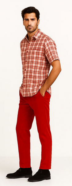 Mens Textured Plaid Walking Suit in red/off white by Dreams by Zacchi – 2 Piece Leisure Outfit with Matching Shirt and Pants -$99