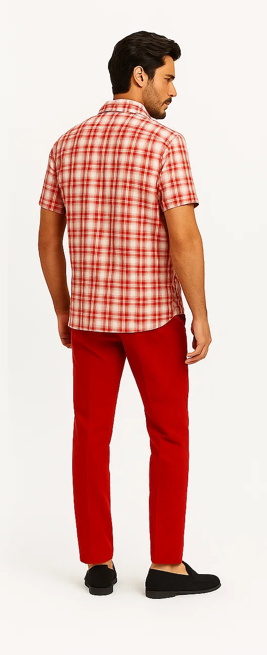 Mens Textured Plaid Walking Suit in red/off white by Dreams by Zacchi – 2 Piece Leisure Outfit with Matching Shirt and Pants -$99