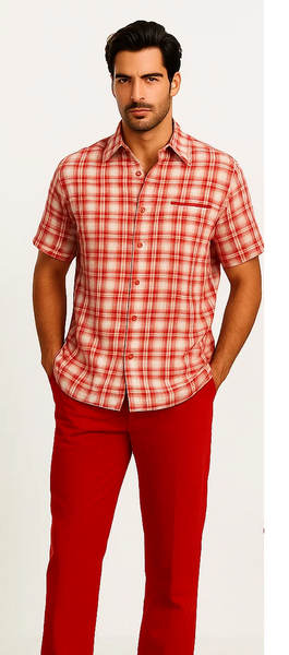 Mens Textured Plaid Walking Suit in red/off white by Dreams by Zacchi – 2 Piece Leisure Outfit with Matching Shirt and Pants -$99