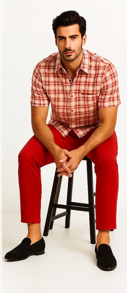 Mens Textured Plaid Walking Suit in red/off white by Dreams by Zacchi – 2 Piece Leisure Outfit with Matching Shirt and Pants -$99