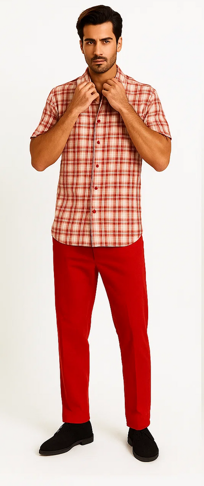 Mens Textured Plaid Walking Suit in red/off white by Dreams by Zacchi – 2 Piece Leisure Outfit with Matching Shirt and Pants -$99