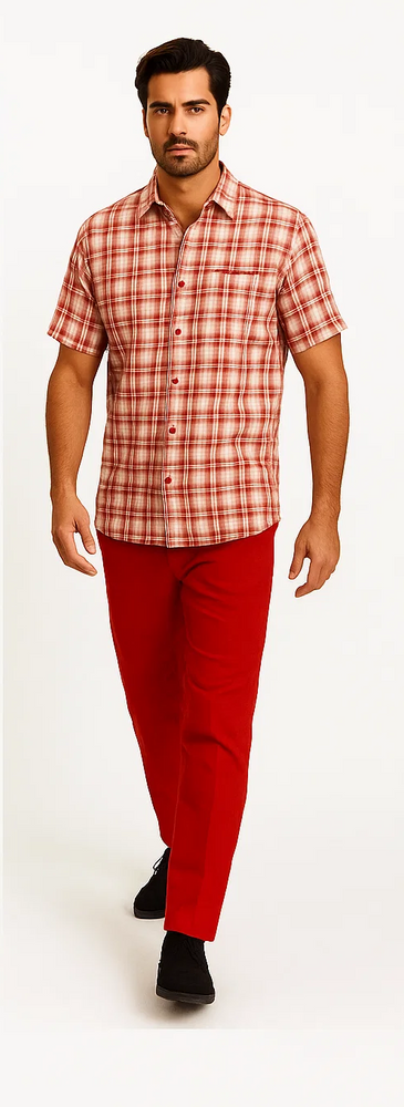 Mens Textured Plaid Walking Suit in red/off white by Dreams by Zacchi – 2 Piece Leisure Outfit with Matching Shirt and Pants -$99
