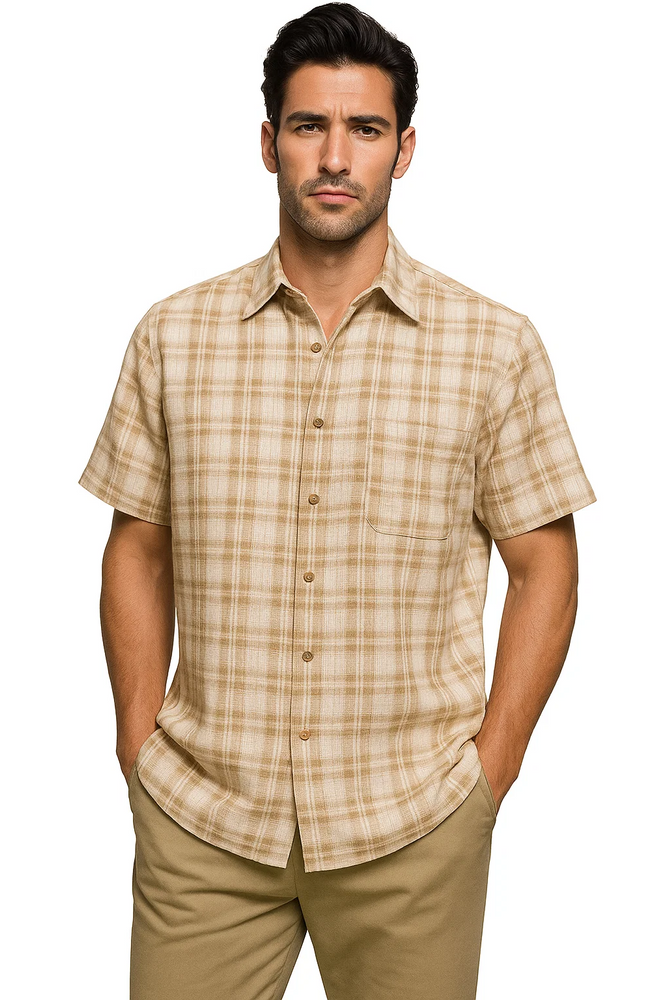 Mens Textured Plaid Walking Suit in tan/cream  by Dreams by Zacchi – 2 Piece Leisure Outfit with matching shirt and pant -$99