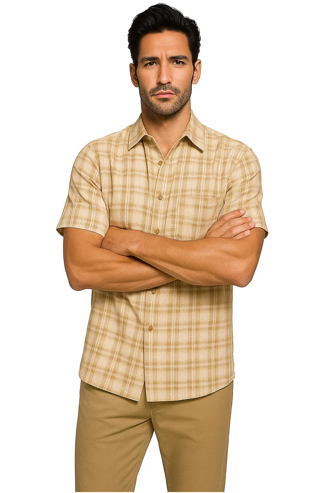 Mens Textured Plaid Walking Suit in tan/cream  by Dreams by Zacchi – 2 Piece Leisure Outfit with matching shirt and pant -$99