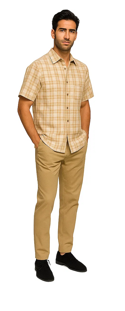 Mens Textured Plaid Walking Suit in tan/cream  by Dreams by Zacchi – 2 Piece Leisure Outfit with matching shirt and pant -$99
