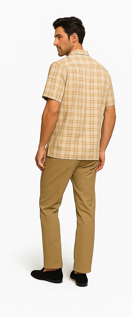 Mens Textured Plaid Walking Suit in tan/cream  by Dreams by Zacchi – 2 Piece Leisure Outfit with matching shirt and pant -$99