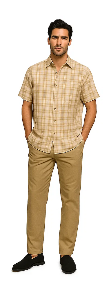 Mens Textured Plaid Walking Suit in tan/cream  by Dreams by Zacchi – 2 Piece Leisure Outfit with matching shirt and pant -$99