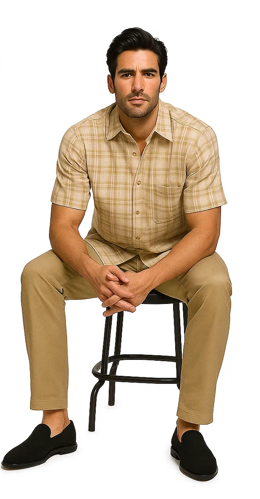 Mens Textured Plaid Walking Suit in tan/cream  by Dreams by Zacchi – 2 Piece Leisure Outfit with matching shirt and pant -$99