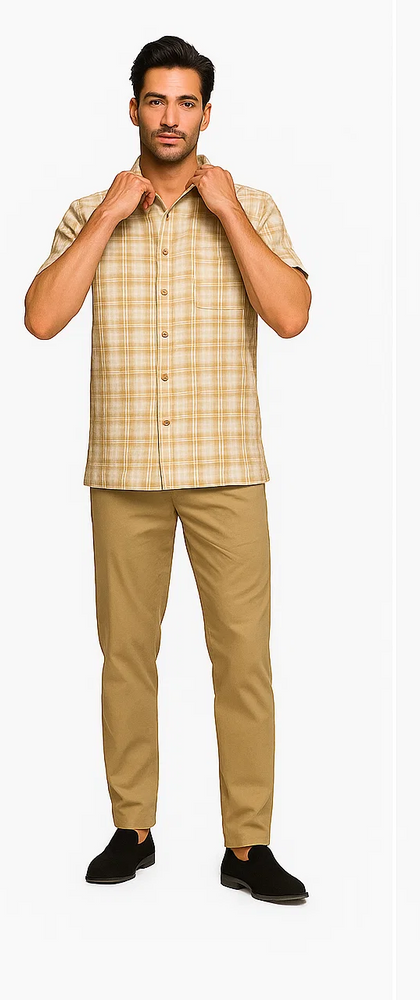 Mens Textured Plaid Walking Suit in tan/cream  by Dreams by Zacchi – 2 Piece Leisure Outfit with matching shirt and pant -$99