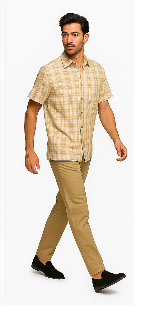Mens Textured Plaid Walking Suit in tan/cream  by Dreams by Zacchi – 2 Piece Leisure Outfit with matching shirt and pant -$99