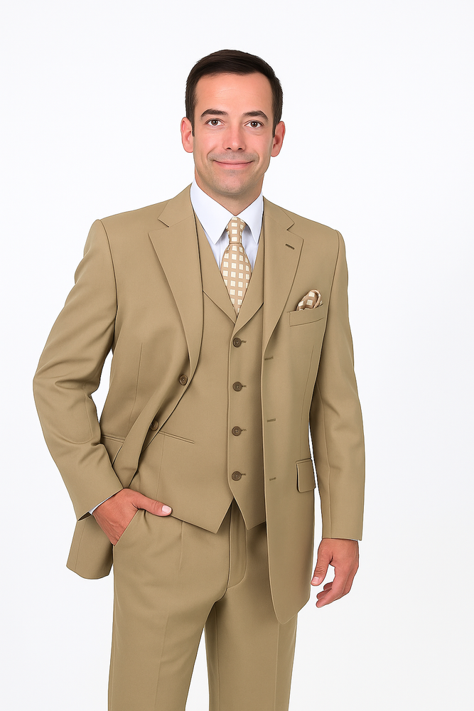 Mens Three Piece Suit - Vested Suit Mens Tan ~ Beige 3 Button Dress Ticket Pocket Suits