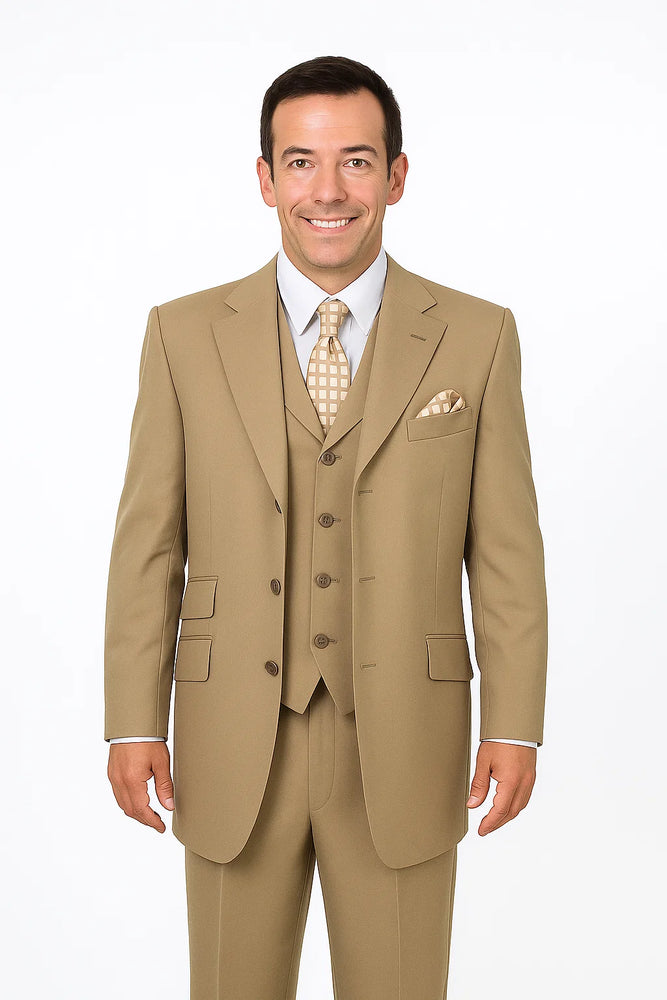 Mens Three Piece Suit - Vested Suit Mens Tan ~ Beige 3 Button Dress Ticket Pocket Suits