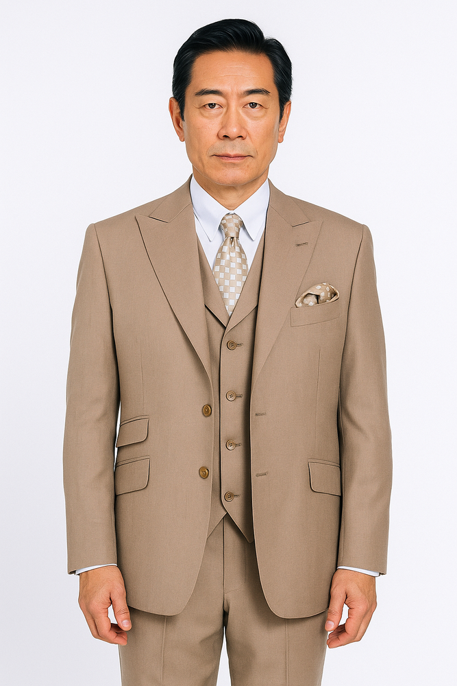 Mens Three Piece Suit - Vested Suit Mens Tan ~ Beige 3 Button Dress Ticket Pocket Suits