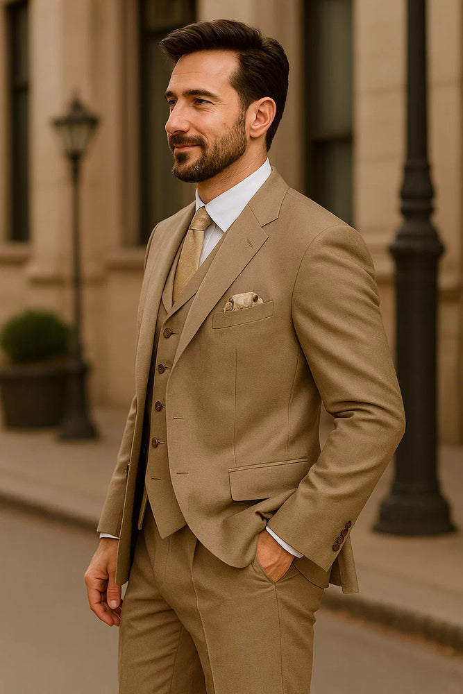 Mens Three Piece Suit - Vested Suit Mens Tan ~ Beige 3 Button Dress Ticket Pocket Suits