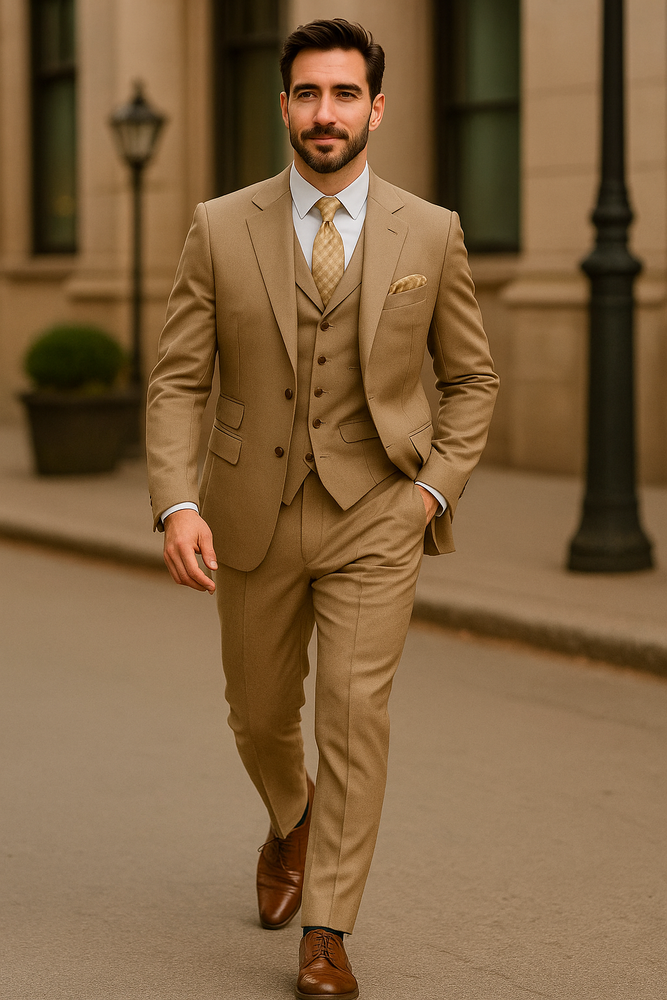 Mens Three Piece Suit - Vested Suit Mens Tan ~ Beige 3 Button Dress Ticket Pocket Suits