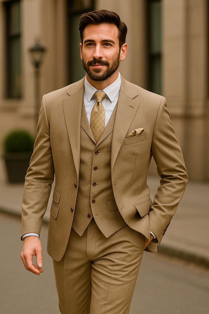 Mens Three Piece Suit - Vested Suit Mens Tan ~ Beige 3 Button Dress Ticket Pocket Suits