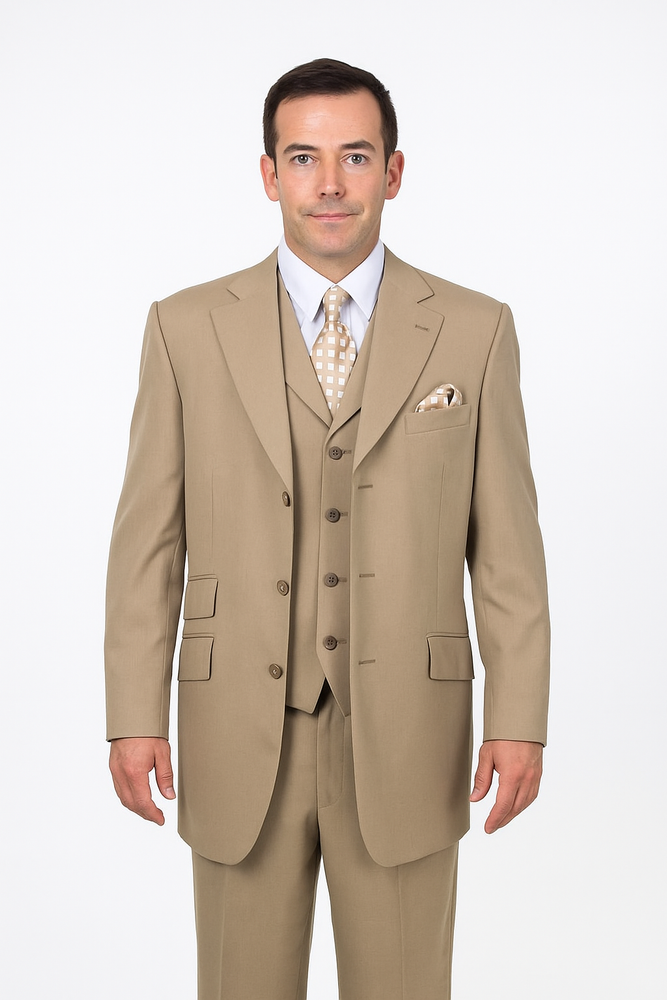 Mens Three Piece Suit - Vested Suit Mens Tan ~ Beige 3 Button Dress Ticket Pocket Suits