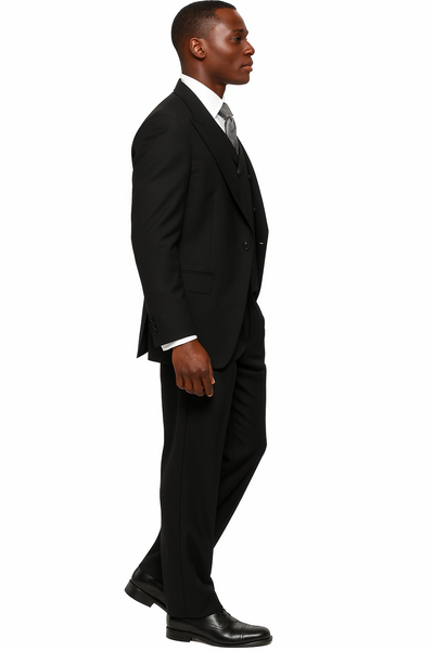 Mens Tiglio Rosso Suit - Wide Leg Baggy Pants - 100% Wool  Black Three-Piece Suit with Double-Breasted Vest and Peak Lapel