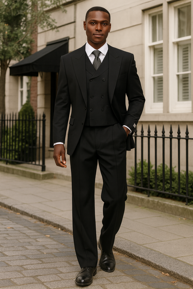Mens Tiglio Rosso Suit - Wide Leg Baggy Pants - 100% Wool  Black Three-Piece Suit with Double-Breasted Vest and Peak Lapel