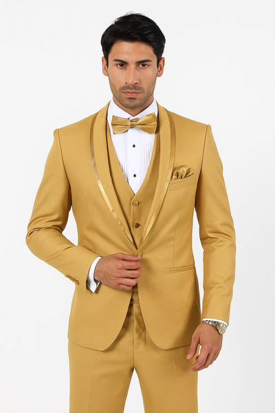 Champagne Tuxedo for Men – Vested Satin Lapel Wedding & Prom Suit