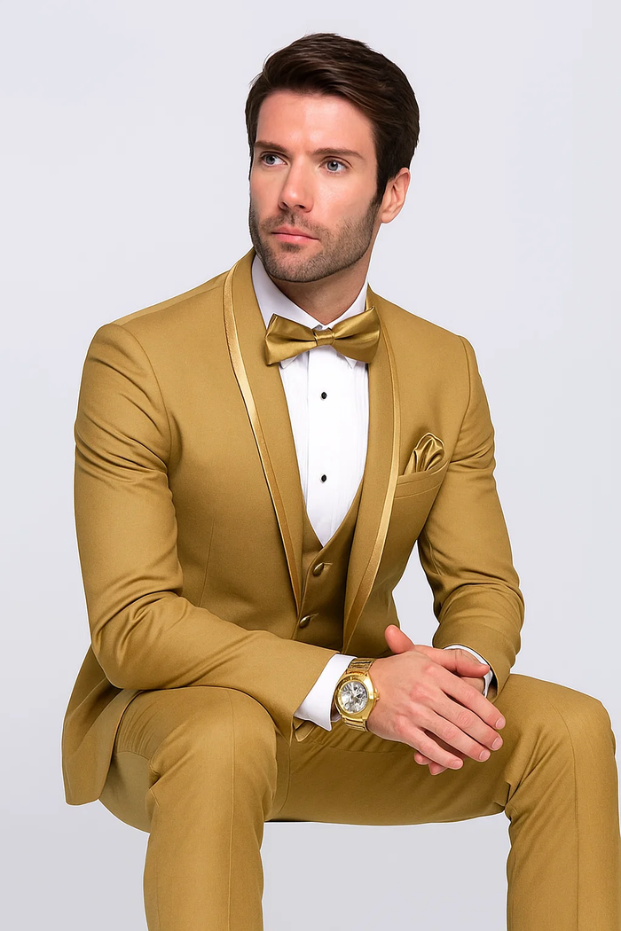 Champagne Tuxedo for Men – Vested Satin Lapel Wedding & Prom Suit