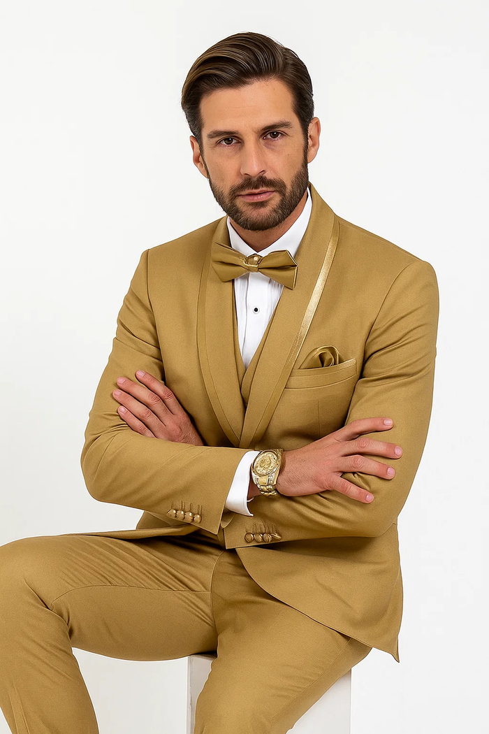 Mens Formal Champagne Tuxedo – Satin Shawl Collar Vested Suit for Prom and Weddings in Gold Color