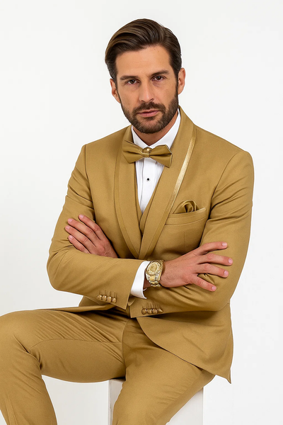 Champagne Tuxedo for Men – Vested Satin Lapel Wedding & Prom Suit
