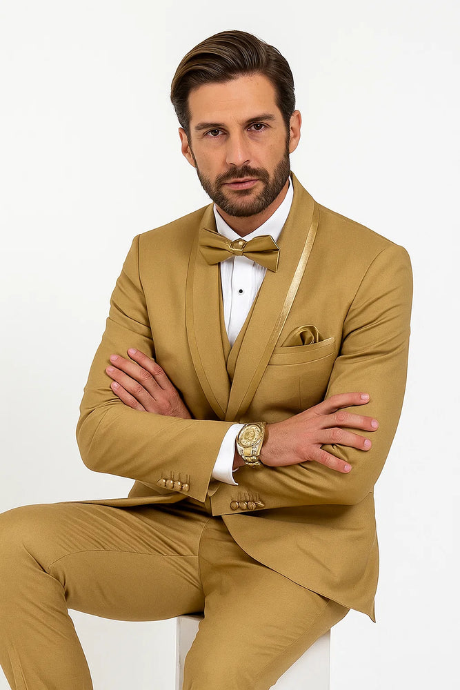Champagne Tuxedo for Men – Vested Satin Lapel Wedding & Prom Suit