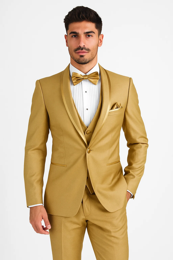 Champagne Tuxedo for Men – Vested Satin Lapel Wedding & Prom Suit