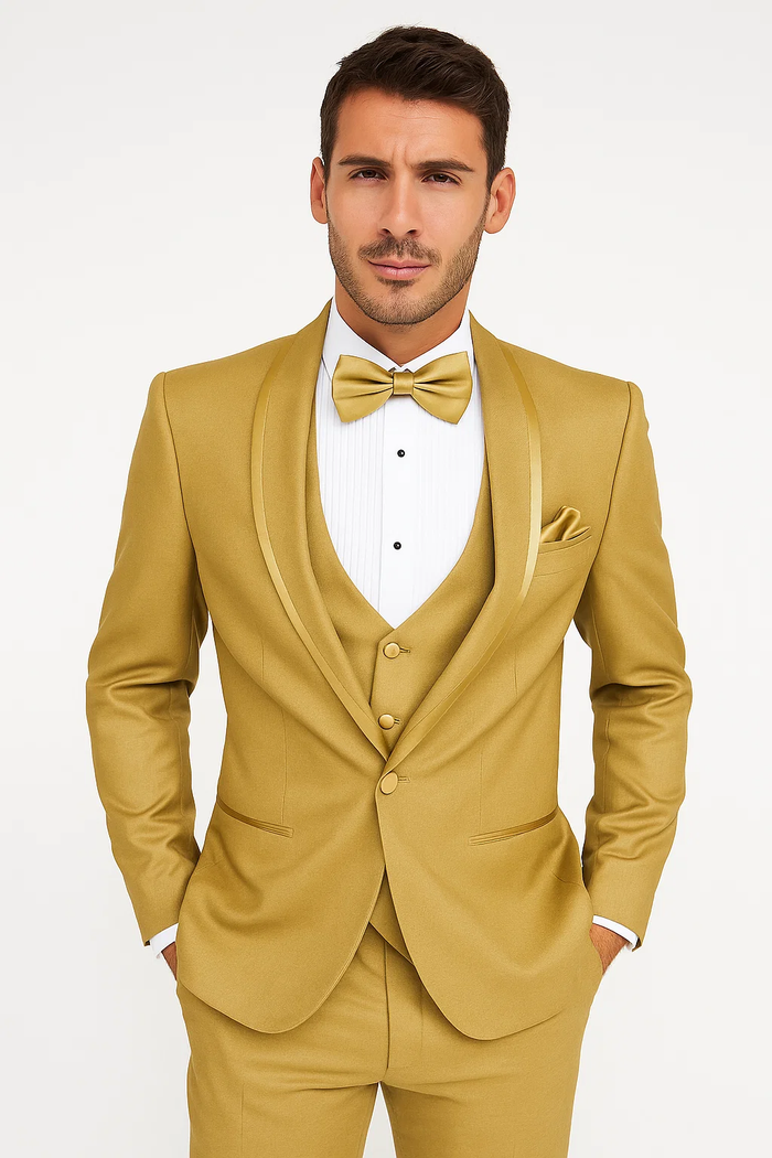 Champagne Tuxedo for Men – Vested Satin Lapel Wedding & Prom Suit