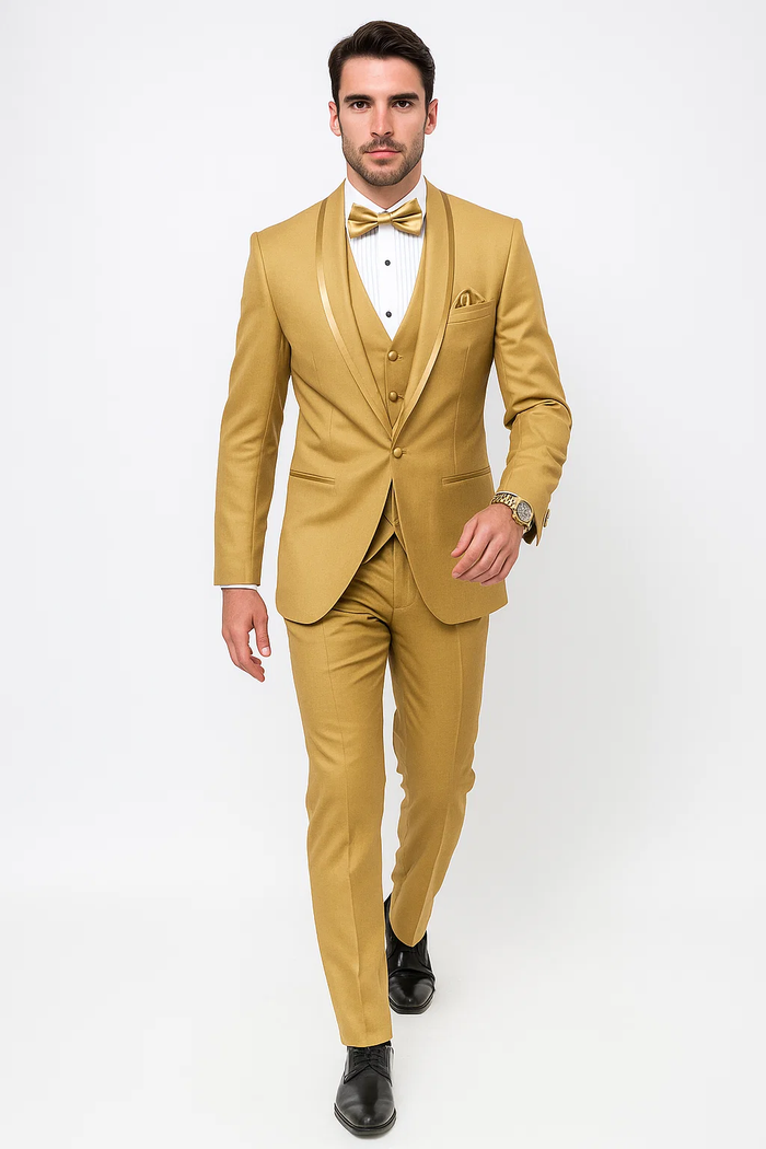 Champagne Tuxedo for Men – Vested Satin Lapel Wedding & Prom Suit