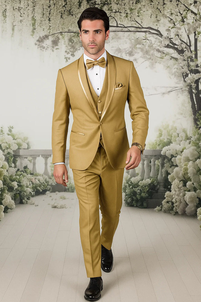 Champagne Tuxedo for Men – Vested Satin Lapel Wedding & Prom Suit